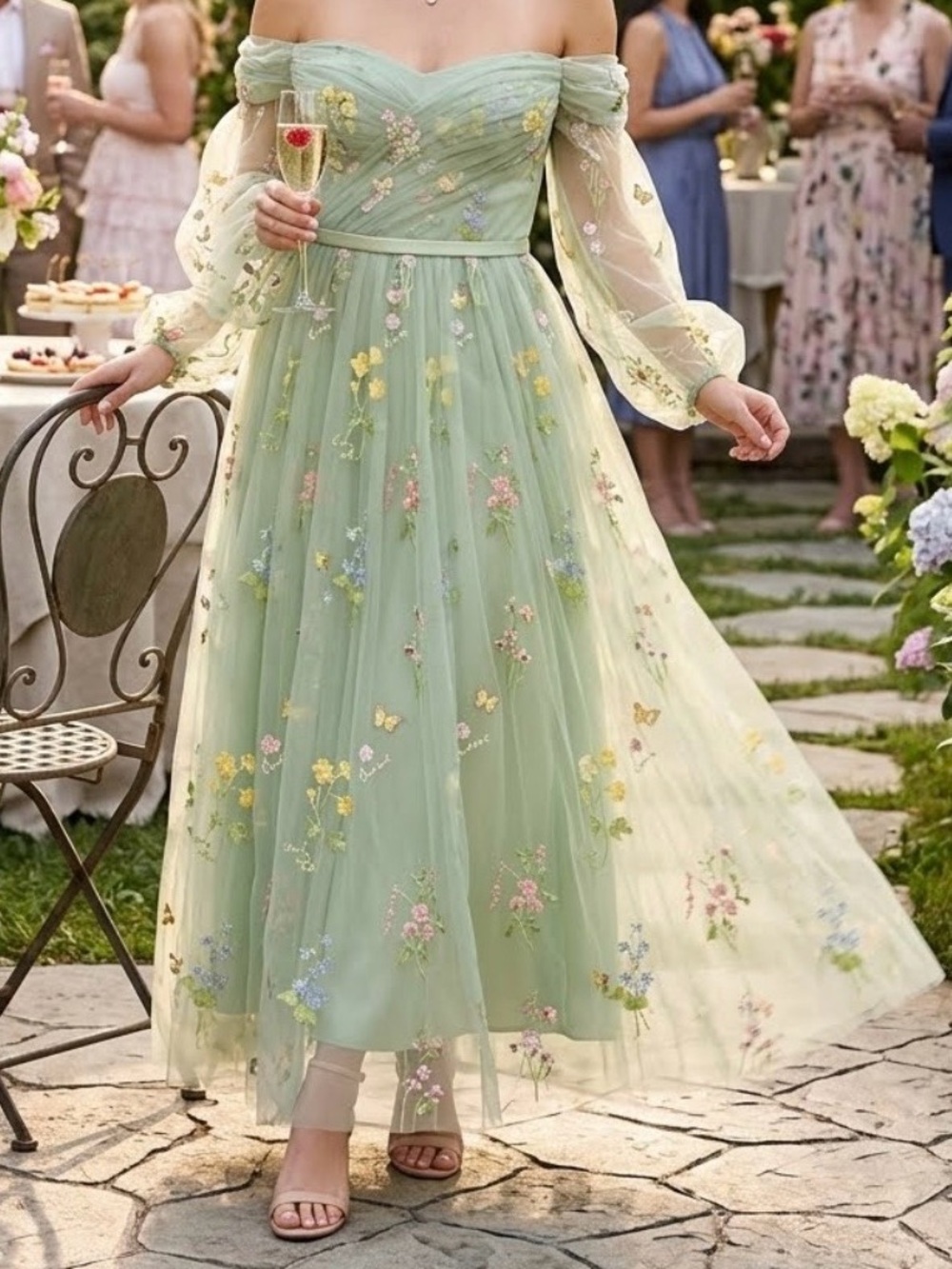 Off-Shoulder Green Floral Embroidered Tulle Dress